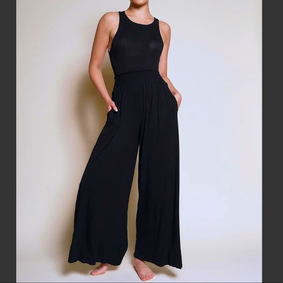 BAMBOO MAXI PALAZZO PANTS BLACK - Picture 1 of 3
